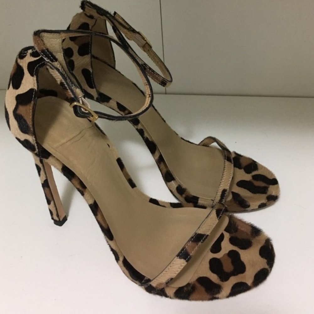 Leopard print calf hair Stuart Weitzman Nudist 8 Stiletto Strappy Sandal Spotted